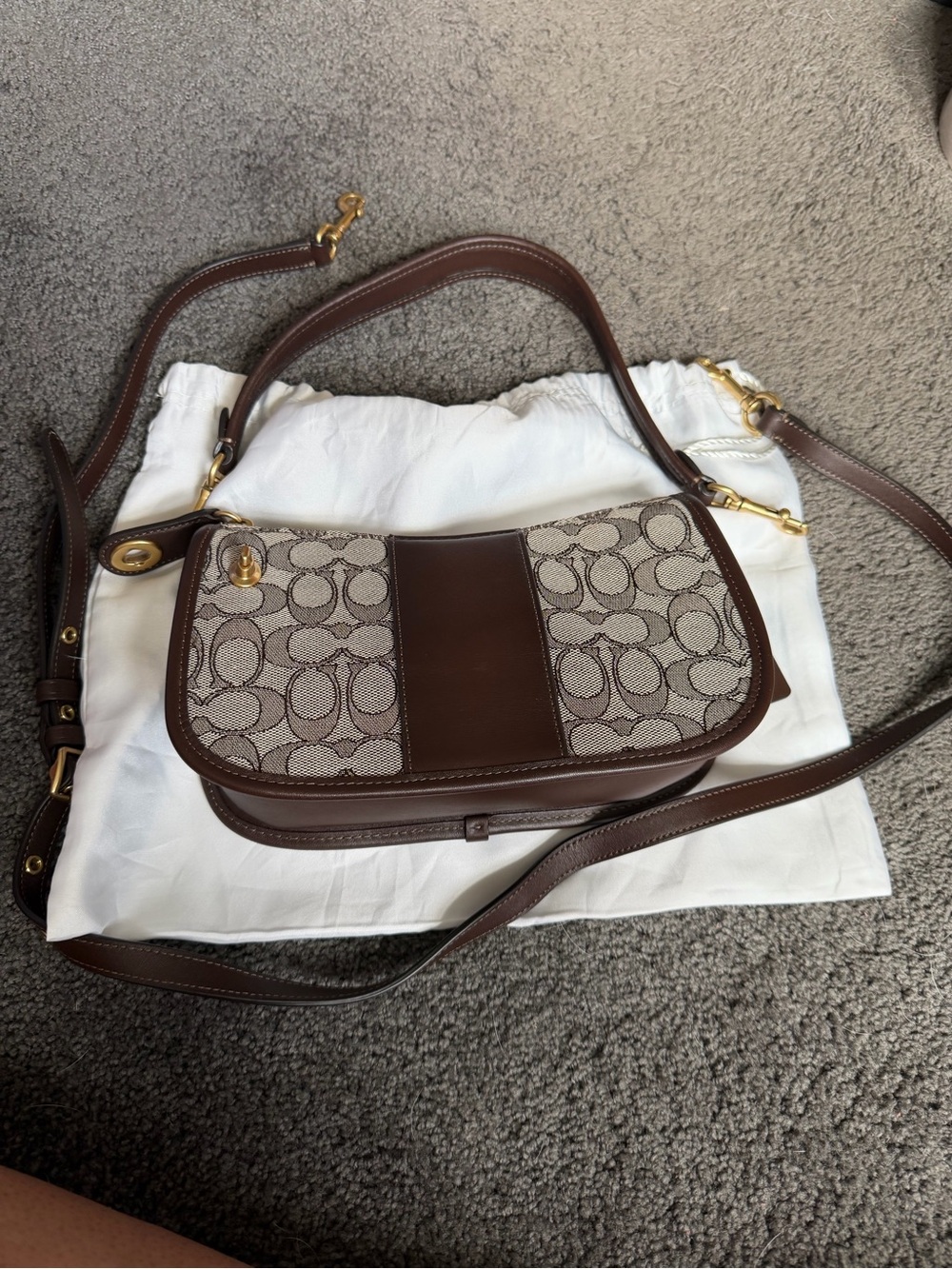 Coach Brown Signature Canvas Swinger Bag with Gold Hardware